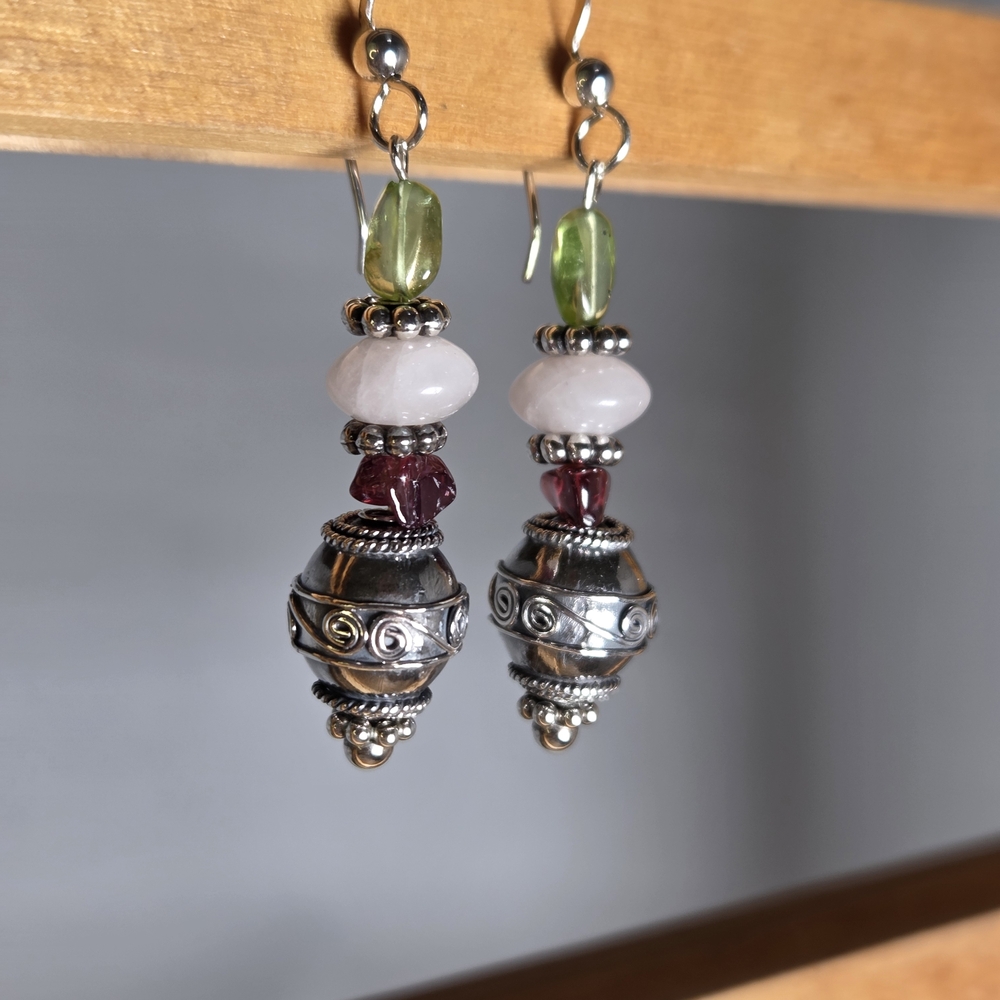 Gorgeous Sterling Silver, Peridot, Rose Quartz And Rhodolite Garnet  Earrings